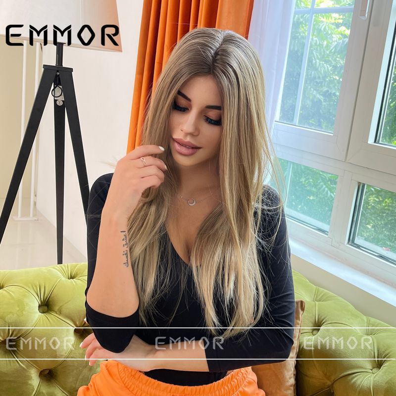 Parrucca lunga e liscia con capelli castani sfumati, con gancio a mano, in seta naturale, a temperatura media e alta, per tutta la testa_voghion.com