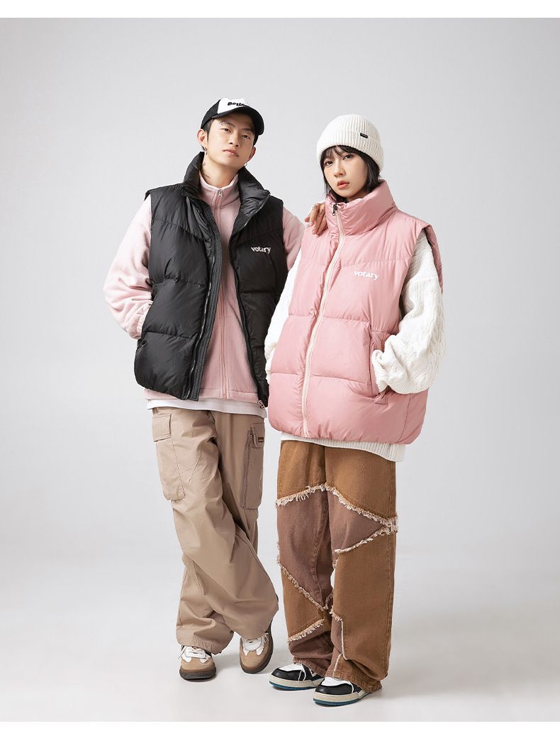 Colete masculino com gola alta e enchimento de plumas - Jaqueta acolchoada reversível sem mangas para inverno com estampa retrô para estilo urbano_voghion.com