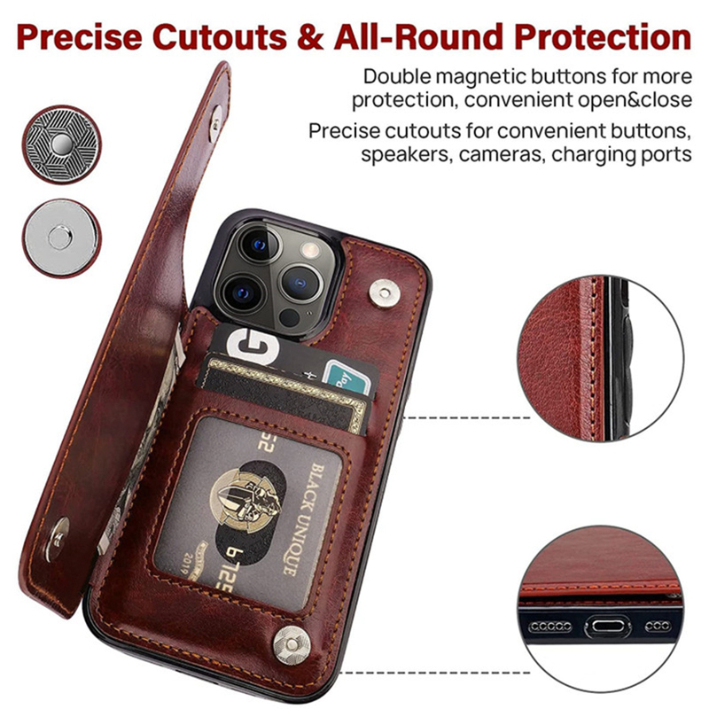 Portofel Husă din piele cu suport cu două butoane pentru iPhone 14 Pro Max 13 Pro 12 11 SE 2022 X XR XS Max 8 7 6 6S Plus 5 5S cu slot pentru card_voghion.com