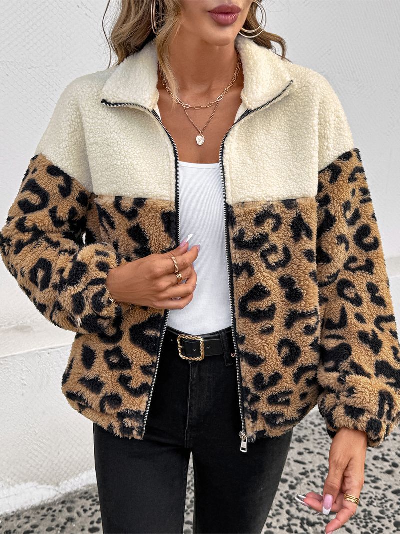 Damenmantel aus Kunstpelz mit Leopardenmuster – Übergroße Winterjacke mit Stehkragen für einen mutigen Stil (Beige, S-XL)_voghion.com