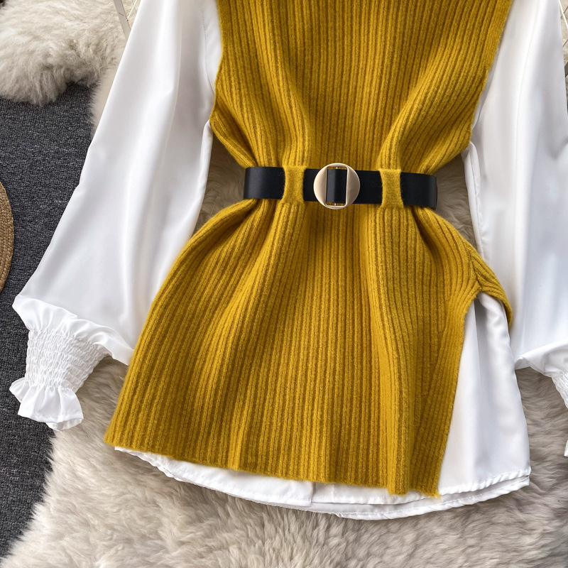 Set de două piese pentru femei, cămașă albă cu mâneci lungi și vestă din tricot despicat_voghion.com