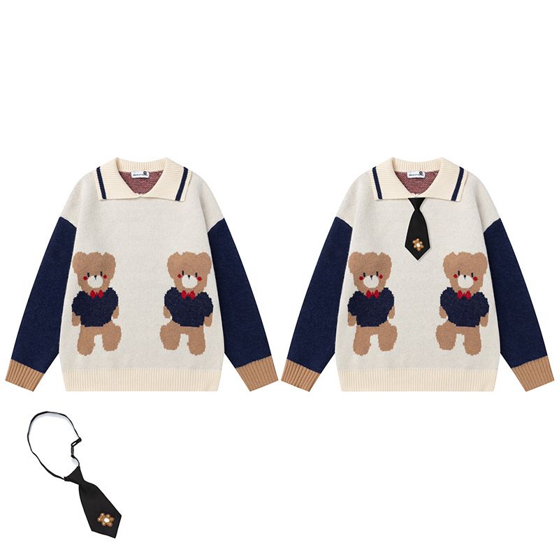 Pull col rond motif ours américain pour homme et femme, tricot ample à blocs de couleurs pour l'automne, style décontracté_voghion.com