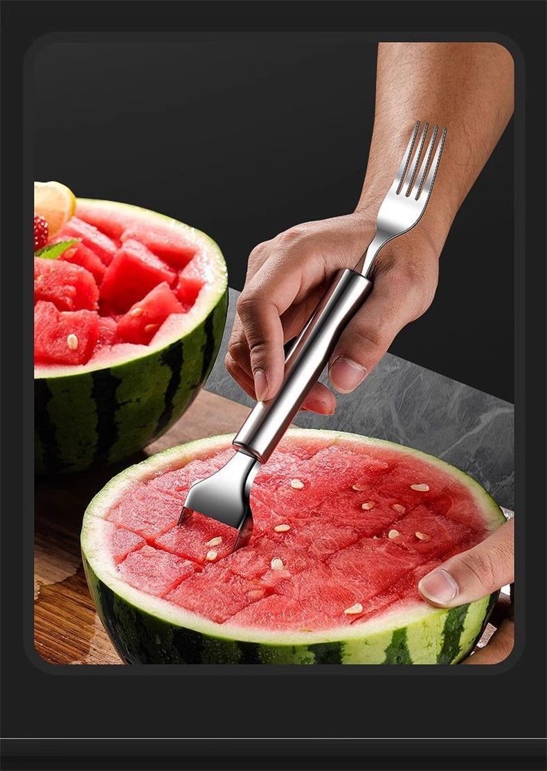 Wassermelonenschneider aus Edelstahl – 4-in-1-Multifunktionsschneider, Würfelschneider, Kugelausstecher und Serviergabel für die Küche zu Hause (leicht zu greifen, spülmaschinenfest)_voghion.com