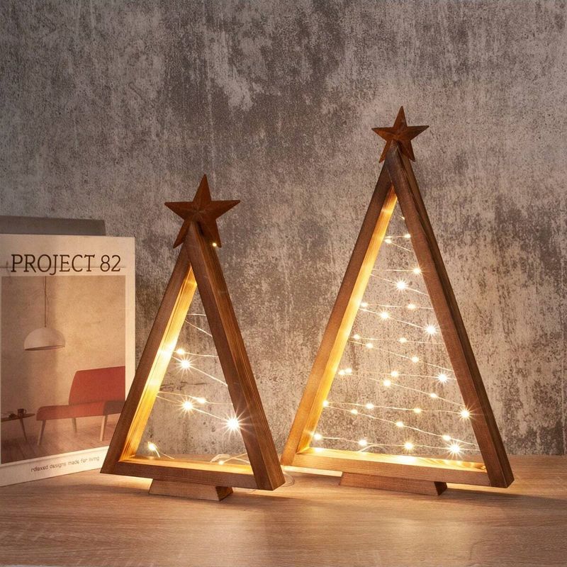 2pcs/set Wood Christmas Tree With Lights, Modern Farmhouse Lighted Tabletop Christmas Tree For Christmas Holiday Decorations_voghion.com