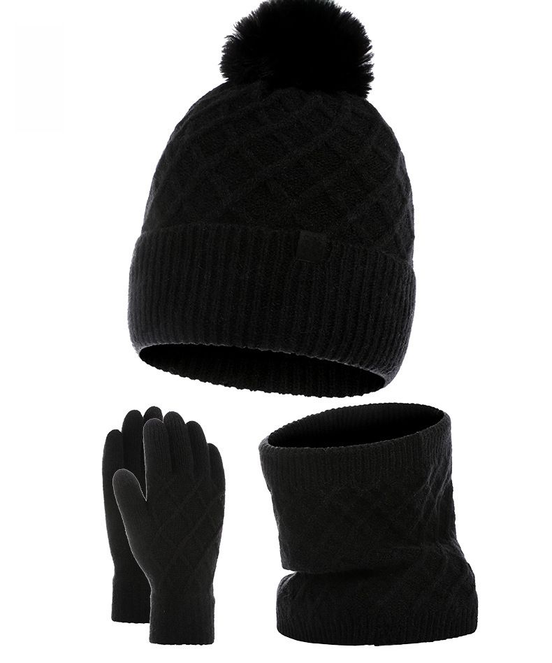 Căciulă unisex, gât, mănuși, căciulă tricotată, exterior cu căldură de catifea, ghem de lână, căciulă de lână îngroșată, set de 3 piese_voghion.com