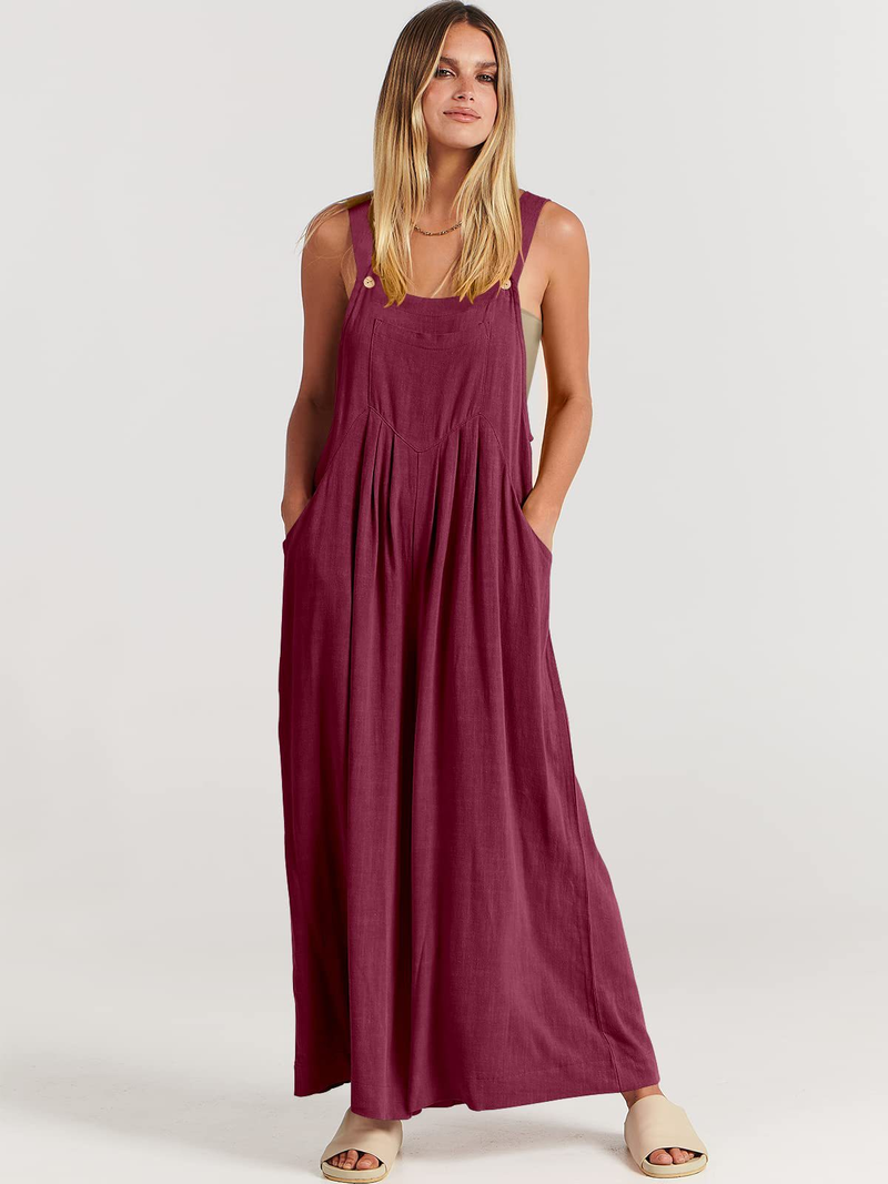 Women's clothing solid color loose casual cotton and linen overalls jumpsuit_voghion.com