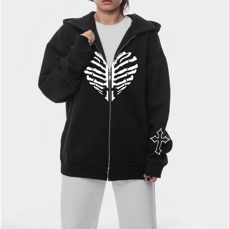 Felpa con cappuccio autunno inverno 2024 da donna Y2K con stampa in pile, giacca con cappuccio e cerniera_voghion.com