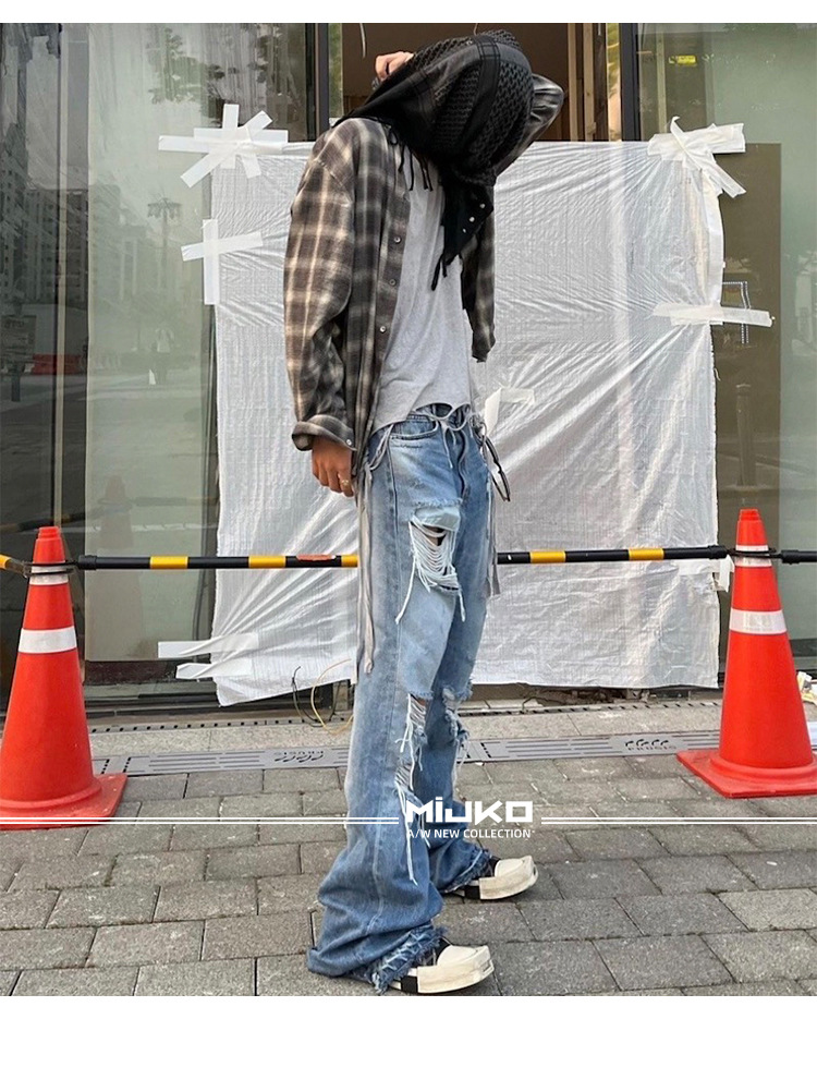 Herren MIJKO Herren Damen zerrissene zerrissene Hose für Männer und Frauen Unisex weites Bein mit Fransen Whiskers leicht gestiefelte Blue Jeans_voghion.com