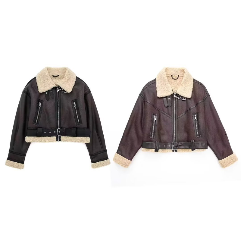 Women's New Double-sided Short Jacket Winter Motorcycle Style Fur One-piece Warm Jacket_voghion.com
