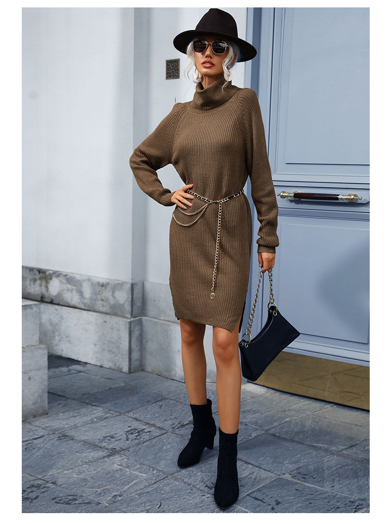 Vestido tipo suéter de cuello alto de color liso a la moda para mujer_voghion.com