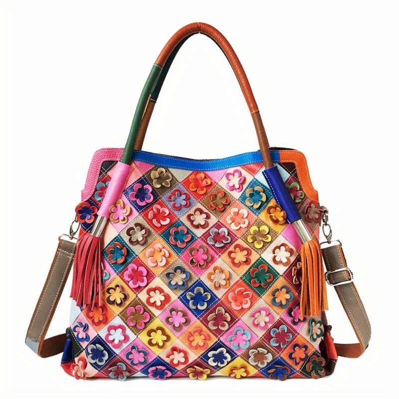 Retro 3D Çiçek Nakış Tote Çanta, Kadın Blok Renk Patchwork Çanta, Büyük Kapasiteli Hakiki Deri Crossbody Çanta_voghion.com