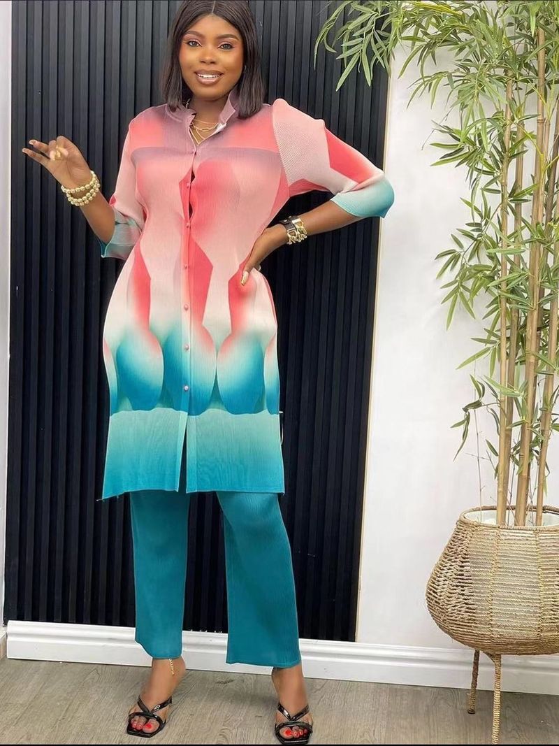 Nuovo stile da donna, top a maniche lunghe stampati e pantaloni plissettati in due pezzi per donna_voghion.com