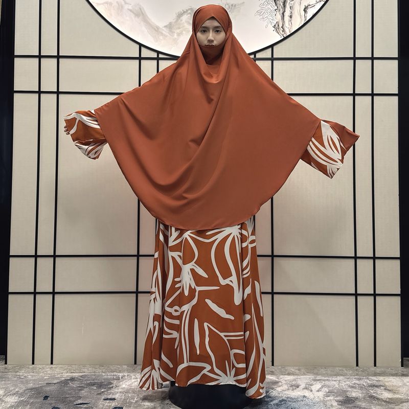 Women's Clothing Ladies Long Sleeved Robe Abaya Non Positioning Color Dress Print With Headscarf Two Piece Set_voghion.com