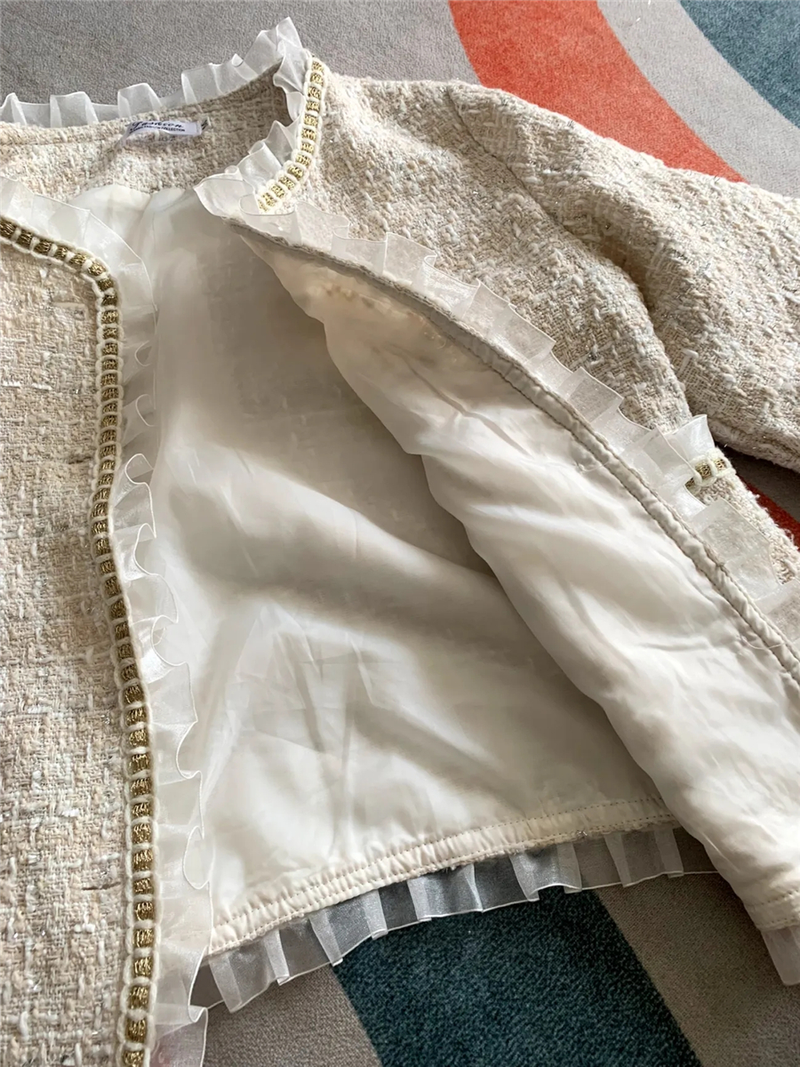 Rufsig Slim Cropped Tweed Jacka Dam Design Korta kappor Vår Enkelknäppt Ytterkläder Streetwear Elegant Chaqueta_voghion.com