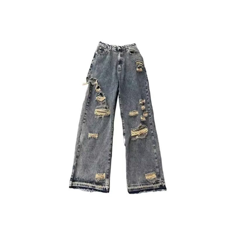 High Street Hole Mid Waist Jeans Men's Retro Beggars Old Loose Slim Bf Straight Wide Leg Mopping Trousers_voghion.com