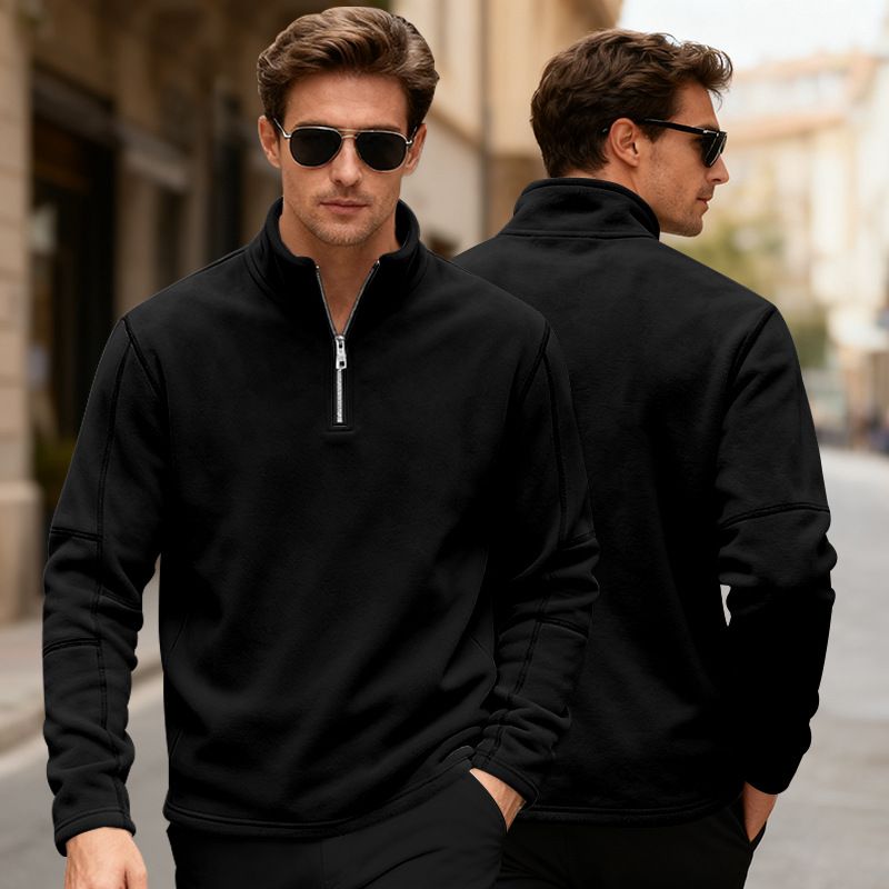 Felpa da uomo con mezza zip e collo alto – Pile spesso, vestibilità ampia per autunno e inverno_voghion.com