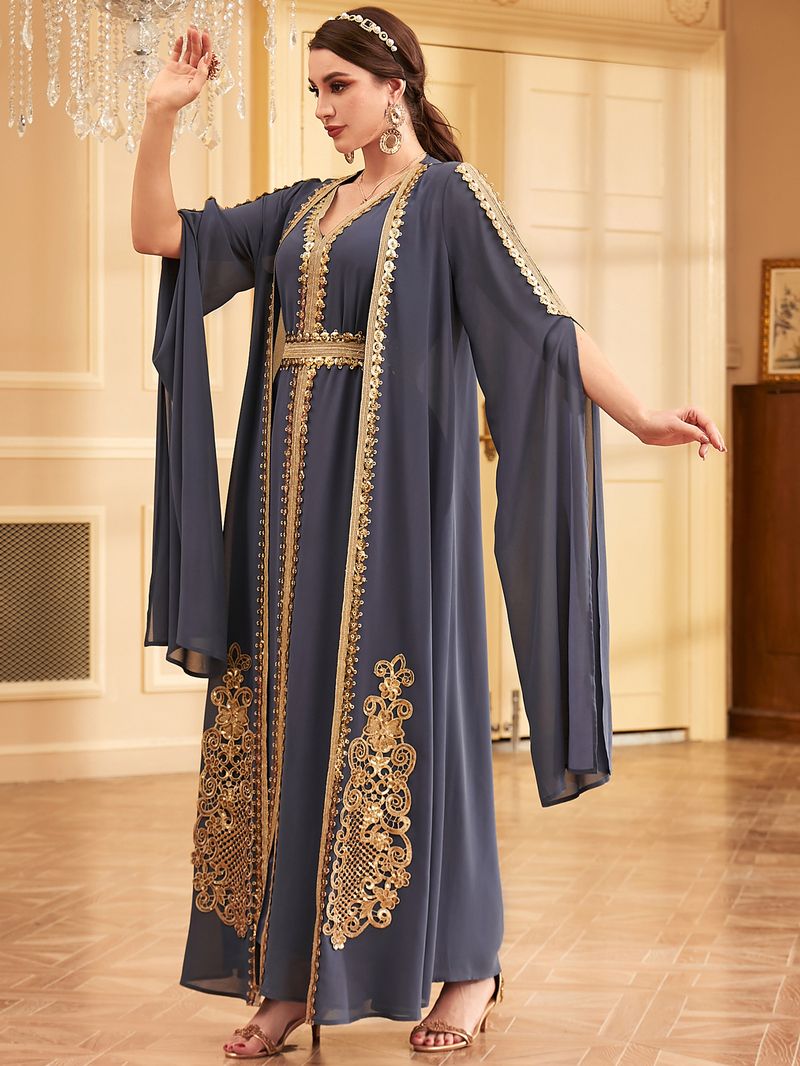 Damenbekleidung Abendkleid Robe Pailletten Ultra Langarm Zweiteiliges Kleid_voghion.com