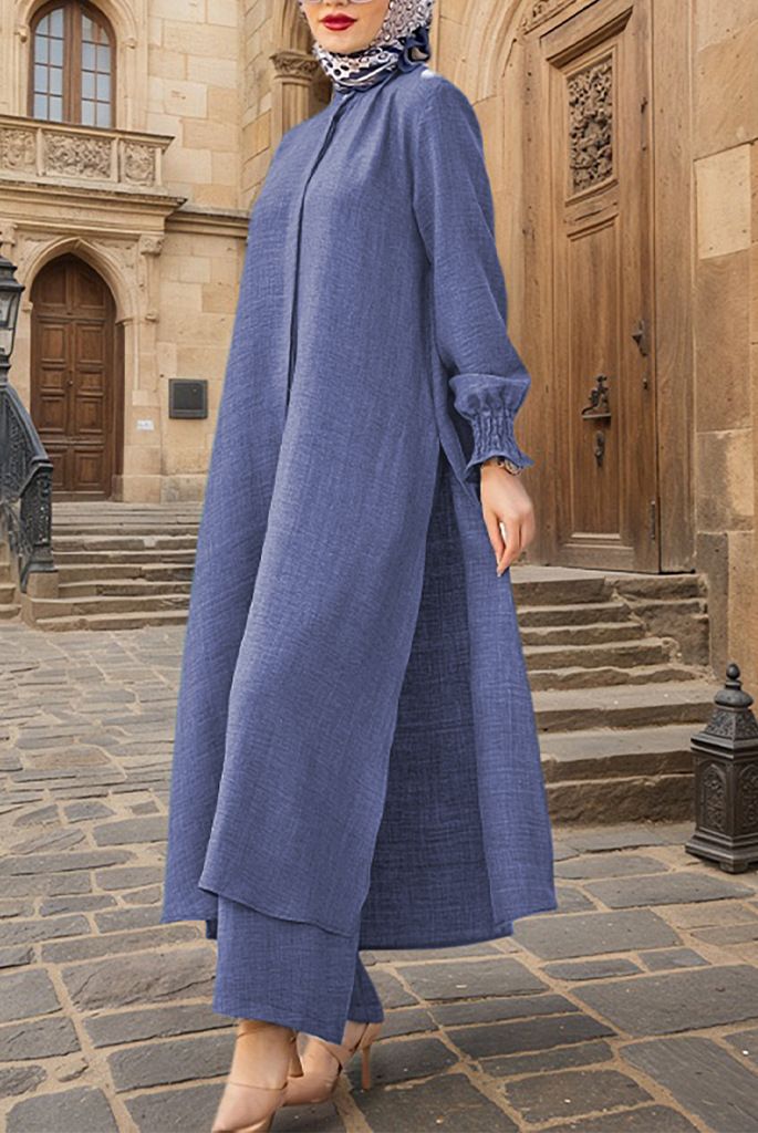 Elegantes muslimisches Set – Bluse mit gesmokten Ärmeln und fließende Hose (S-XXL, Polyester, Marineblau/Karamell/Smaragdgrün)_voghion.com