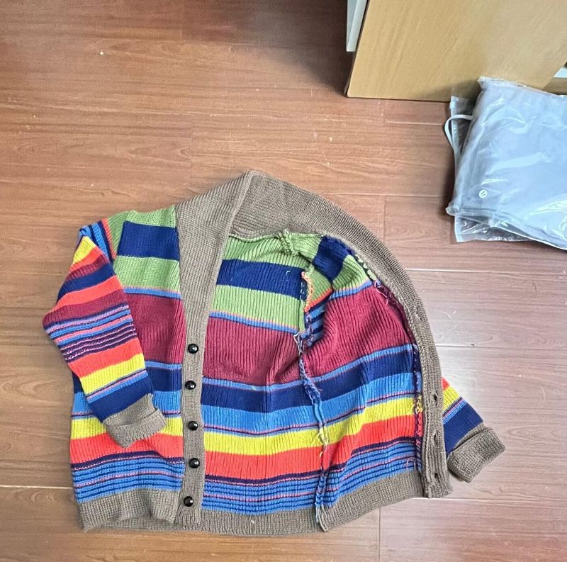 Herrenbekleidung Regenbogenpullover Pullover Jacke Revers Farbblock-Strickjacke_voghion.com