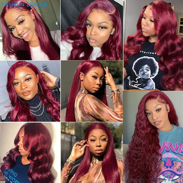 99J Vinröd 30 tum Djupvågig Jerry cruly vågig frontal peruk Rak spetsfrontperuk Äkta hår Färgad vinröd lockig spetsfrontperuk för kvinnor_voghion.com