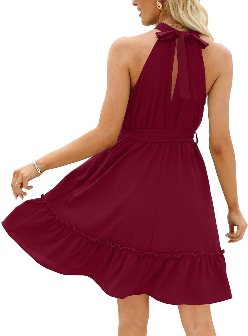 2023 Frühling und Sommer, A-Linien-Rock, Neckholder, florales Schnür-Tunika-Kleid mit offenem Rücken_voghion.com