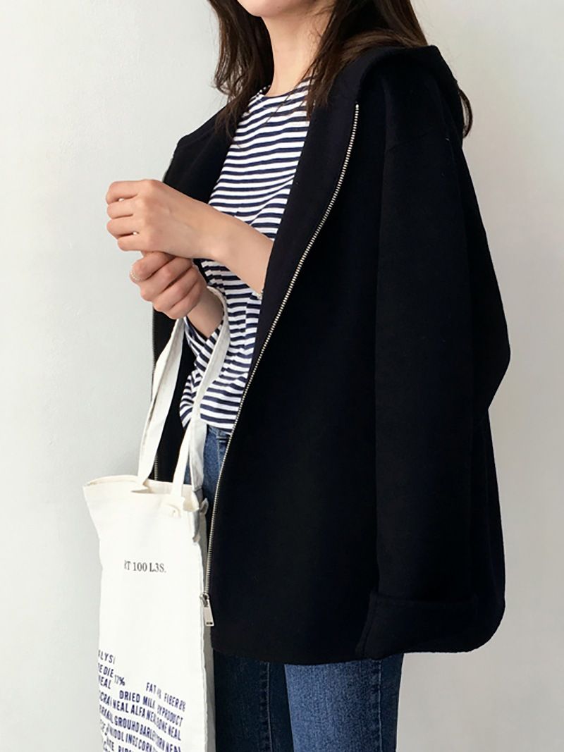 Damenbekleidung, Wollmantel mit Kapuze, lockerer, einfarbiger kurzer Wollmantel für Damen mit Kapuze – übergroße, lässige Tweedjacke für kleine Größen, Schwarz und Khaki_voghion.com