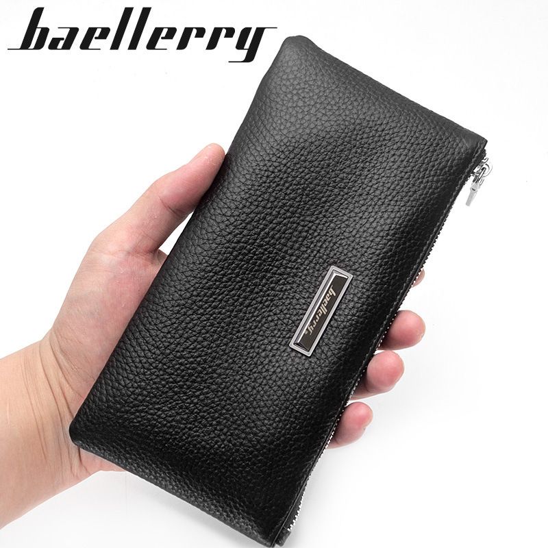 Carteira masculina longa de couro legítimo com estampa de lichia, carteira macia com zíper multifuncional_voghion.com