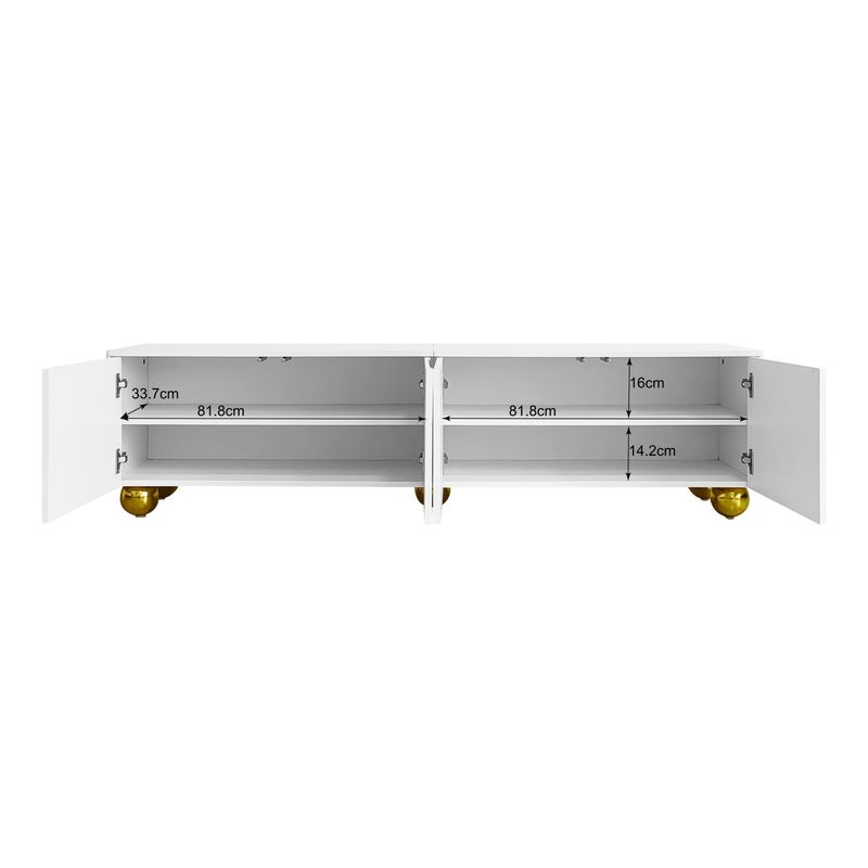 Meuble TV avec portes structurées, décorations dorées et pieds ronds, étagères réglables incluses, ouverture par pression_voghion.com