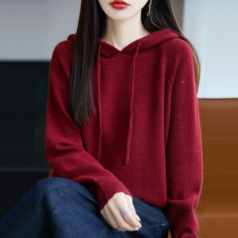 Maglione versatile in maglia con cappuccio, elegante, casual, primavera/autunno, tinta unita, nuovo maglione alla moda da donna_voghion.com