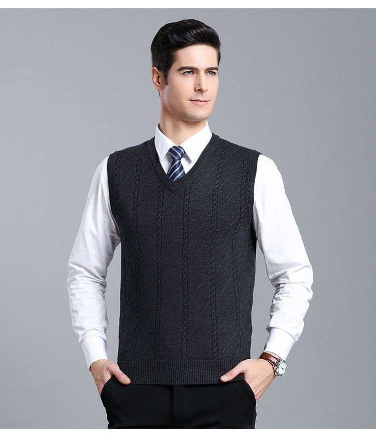 Men's Wool Blend Knit Vest, Solid Color Cable V-Neck Sleeveless Pullover, Casual Layering Piece For Autumn_voghion.com