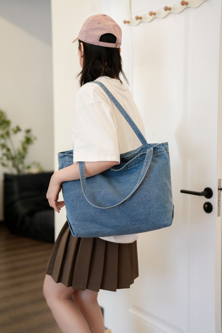 Denim Bag Women's Shoulder Bag Large Capacity Solid Color Washed Denim Bag Student Commuter Shoulder Bag Female Art Casual Handbag_voghion.com