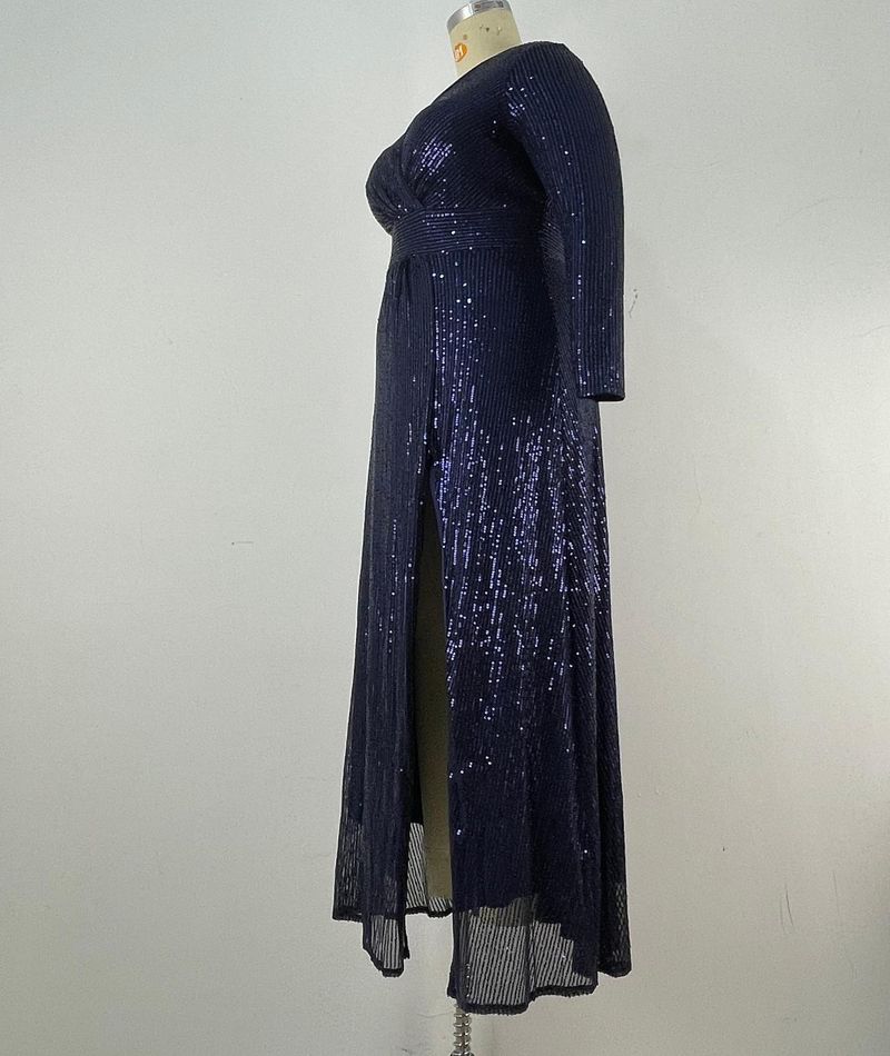 Elegant Plus Size Evening Gown With Sequins - V-Neck Long Sleeve Formal Dress For Wedding, Banquet & Special Occasions (Blue/Black/Wine Red, 0XL-5XL)_voghion.com