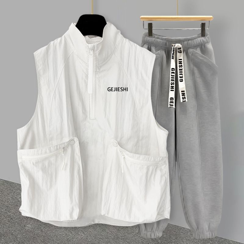 Herrenbekleidung Halbreißverschluss bestickte Stehkragenweste Anzug Herren Sommer koreanischen Stil trendiges Reißverschlusstaschen-Design lässig ärmelloses T-Shirt_voghion.com