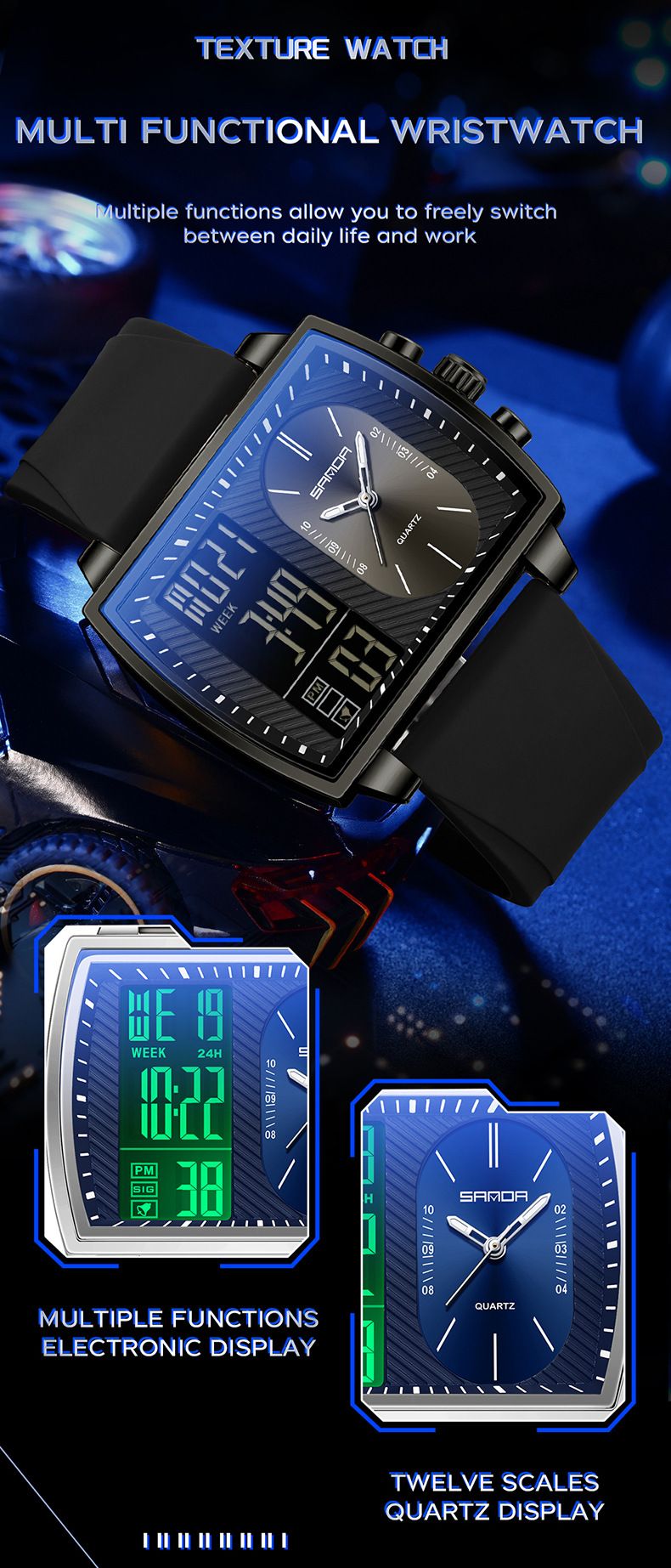 Montre analogique numérique pour homme à double affichage, multifonction, étanche, lumineuse, calendrier, grand cadran carré et bracelet en silicone_voghion.com