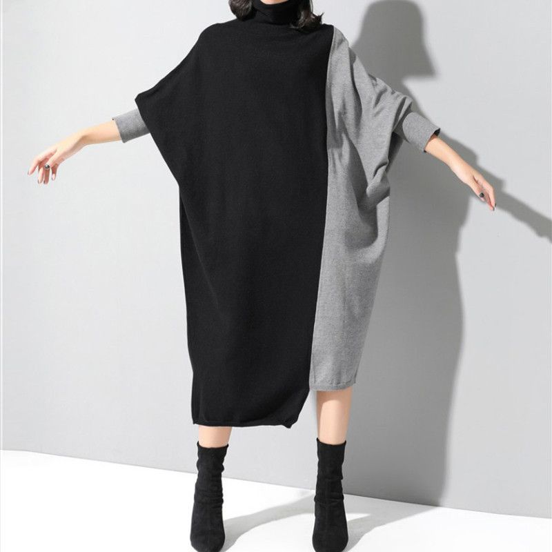 Neue Frühlingsmode Einfarbig Hoher Kragen Kragen Collage Fledermaus Langarm Temperament Pendler Damen Freizeitkleid_voghion.com