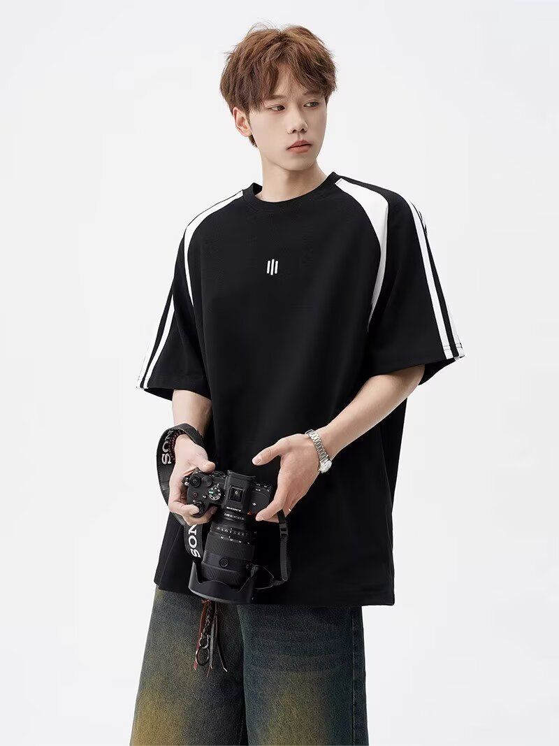 Men's Fashion Short Sleeve T-Shirt Breathable Ice Silk Fabric Relaxed Fit Round Neck Color Blocking Design Versatile Casual Wear For Young Adults_voghion.com