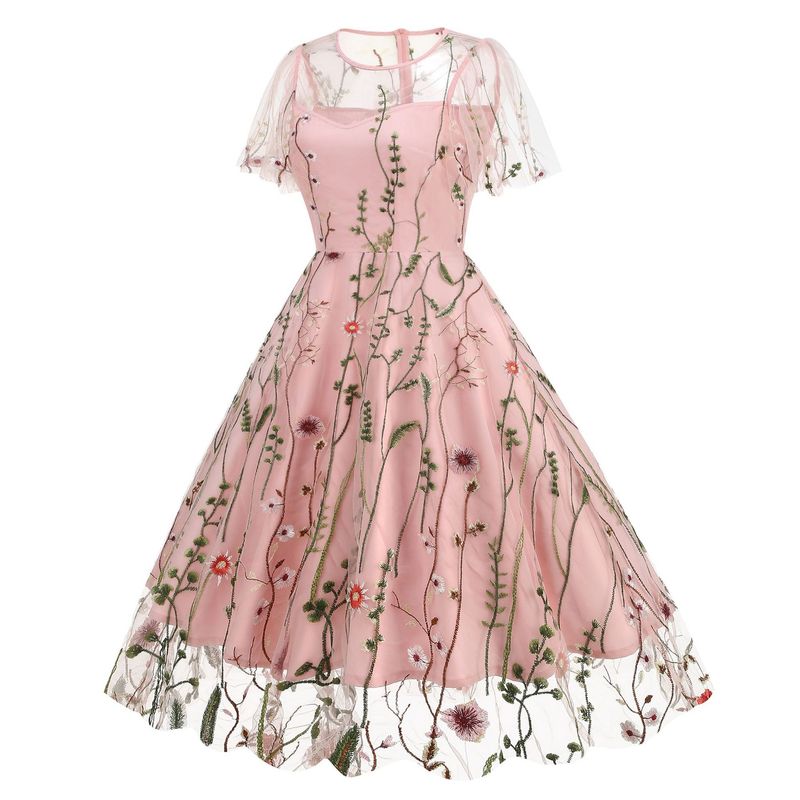 Rundhalsausschnitt, kurzärmeliges Kleid mit schwerer Netzstickerei, 8235 Farbe hinzugefügt_voghion.com