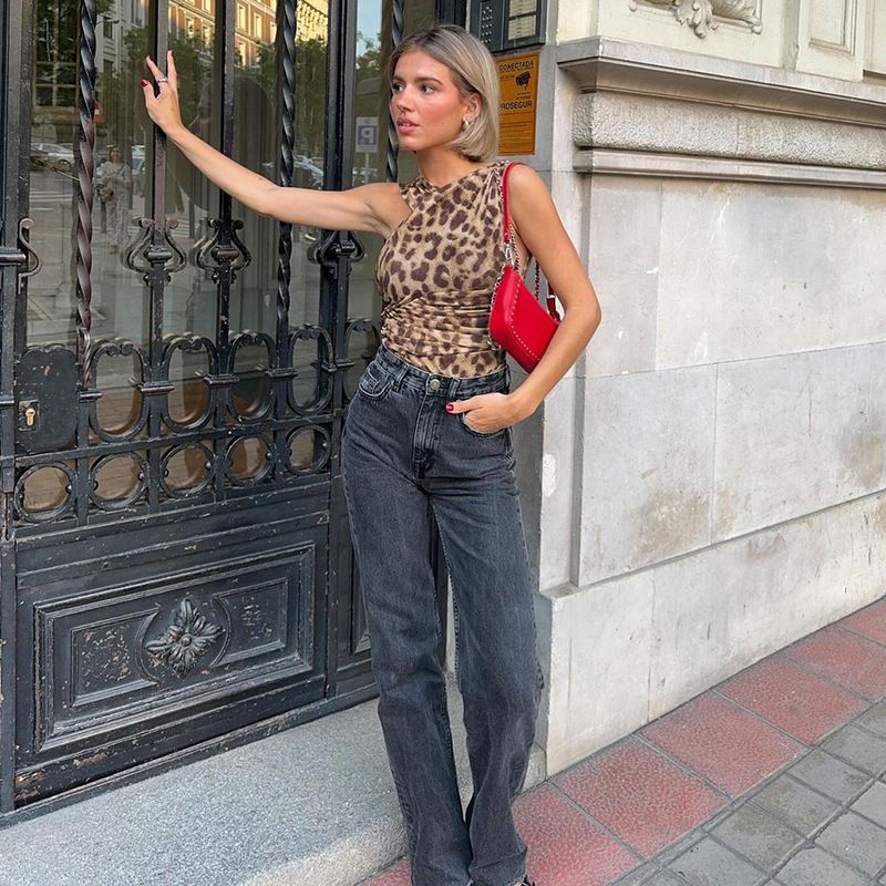 Women's Clothing New Leopard Print Asymmetric Slim Fit Pleated Mesh Jumpsuit Shorts_voghion.com