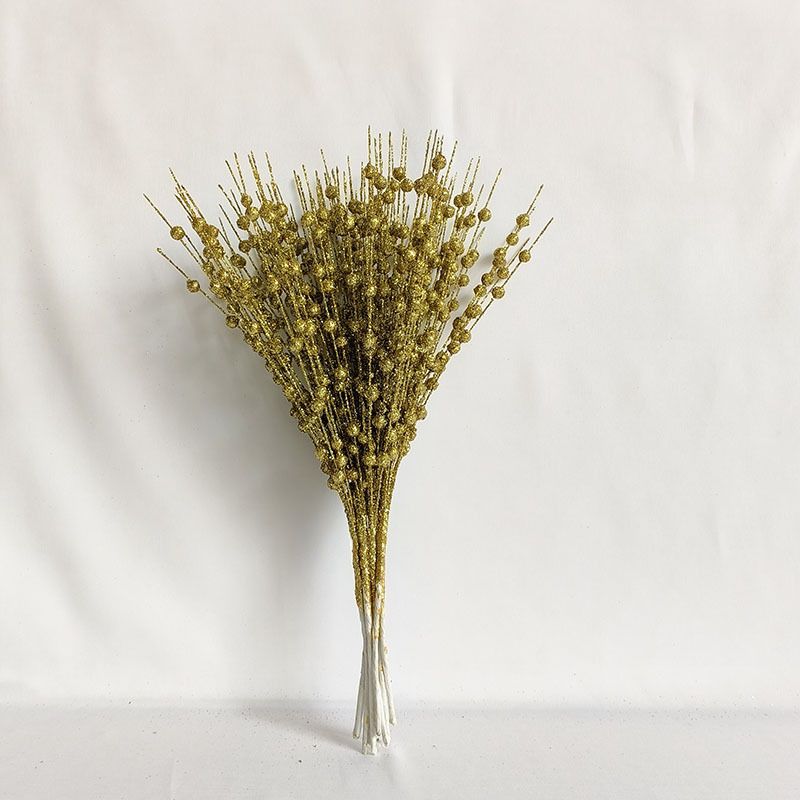 Christmas decoration gold powder Berry ball bundle artificial glitter stem ornament 12 fork string bead stick glitter stick flower Rattan_voghion.com