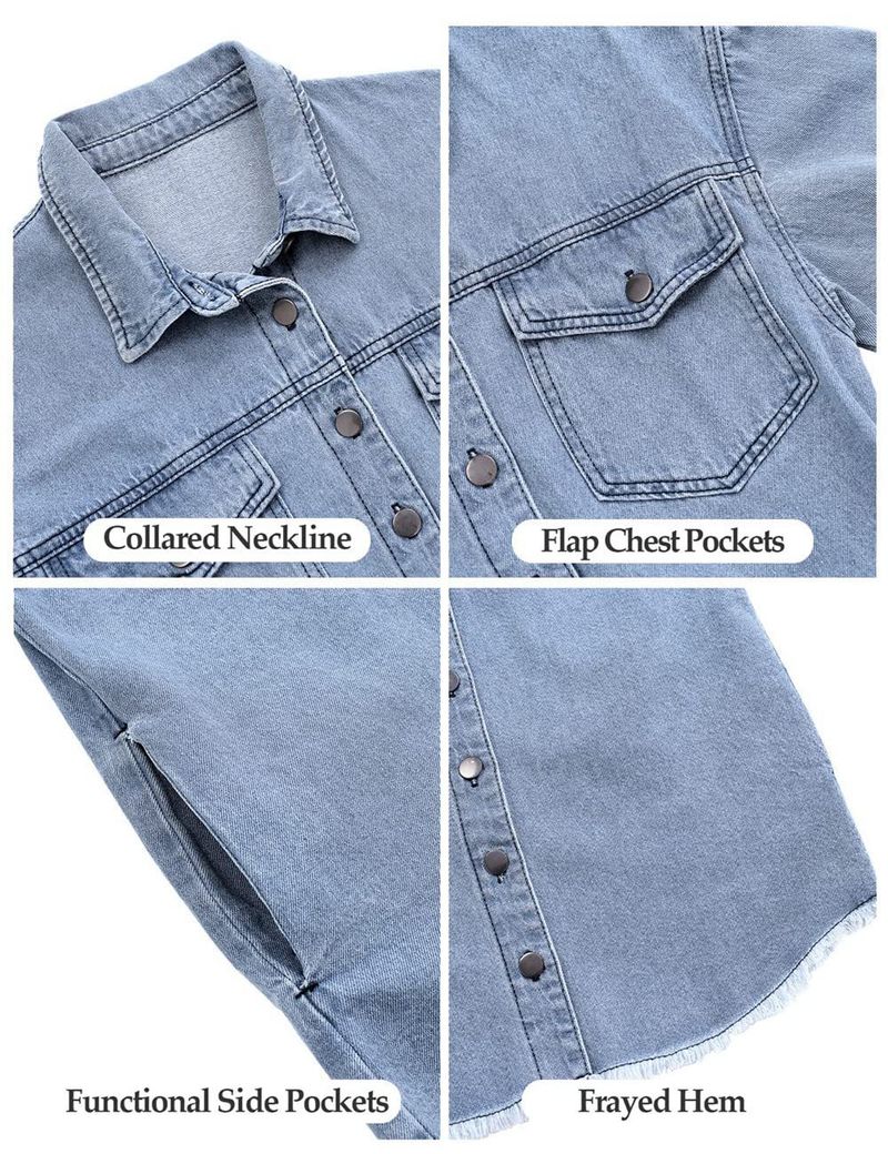 Giacca in denim leggera da donna, camicia abbottonata a maniche lunghe, cappotto casual ampio con tasche_voghion.com
