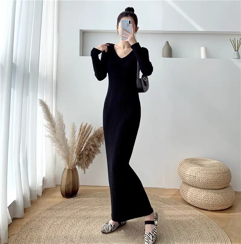 Maglia aderente slim fit con scollo a V extra per donna, autunno e inverno, maglione interno lavorato a maglia, abito lungo sopra il ginocchio_voghion.com