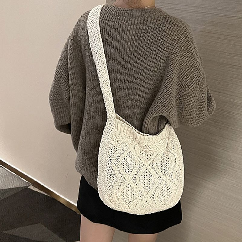 Lihao Women Shoulder Twist Pattern Crochet Solid Color Large Capacity Shopping Tote Bag for Travel-Dark Brown_voghion.com