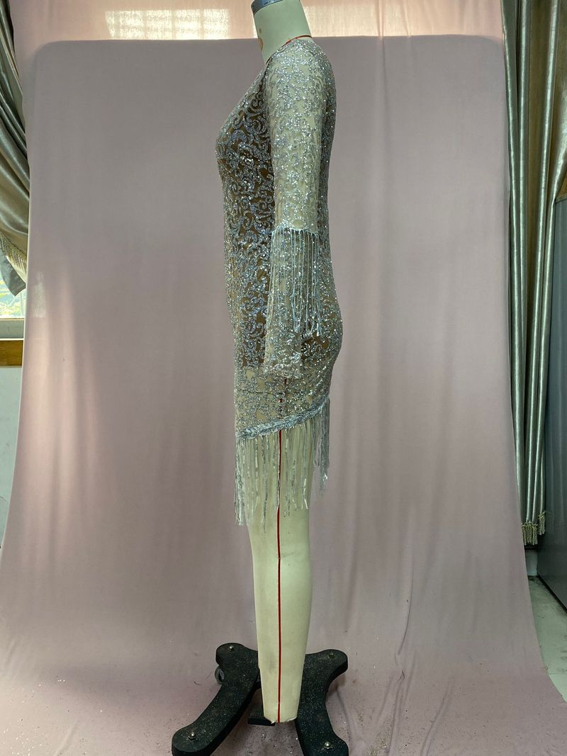 Damenbekleidung Deep V Hollow Langarm Gold besprenkeltes langes Kleid_voghion.com