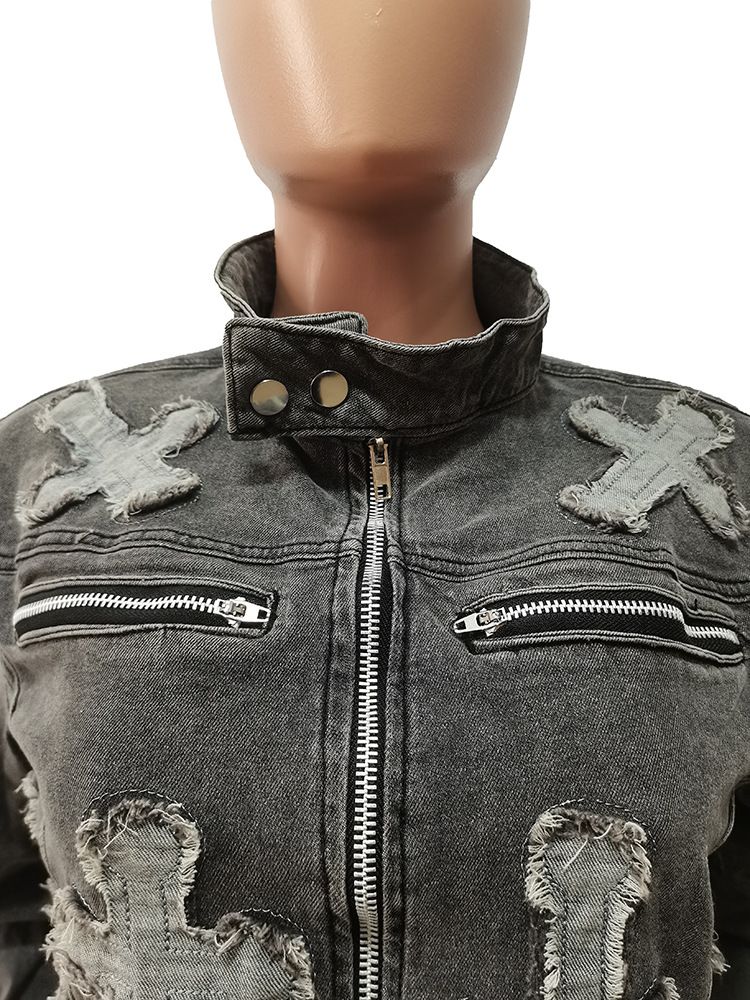 Women's Clothing New Cross Washed And Burned Western Elastic Casual Denim Suit_voghion.com