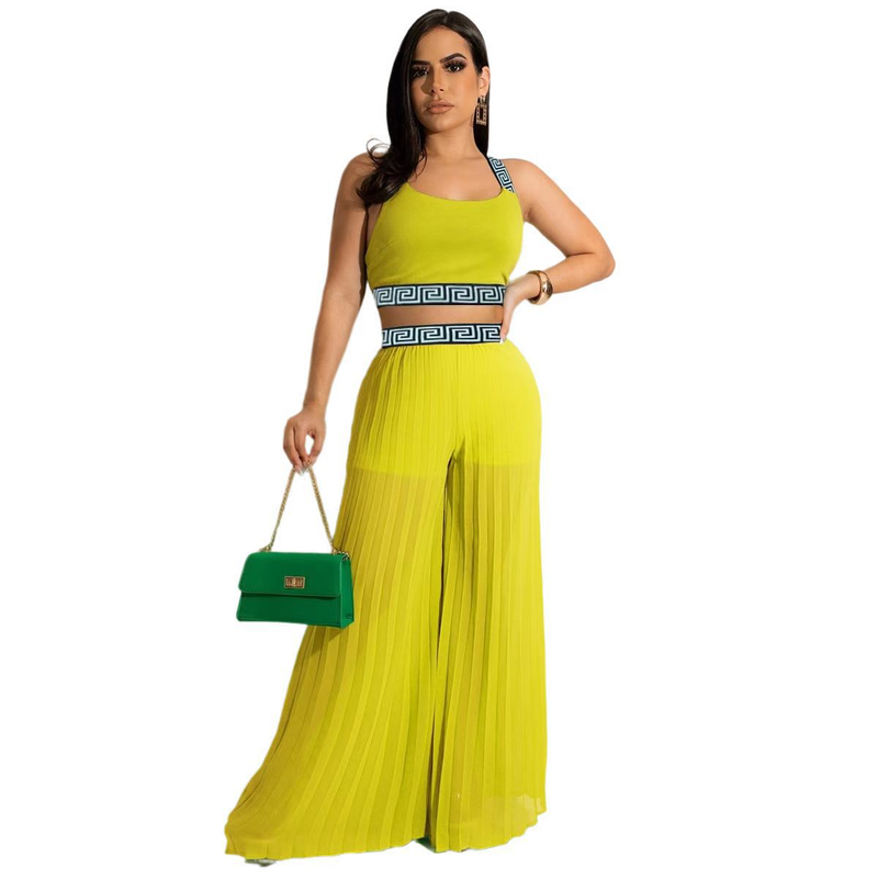 Abbigliamento da donna in chiffon multicolore ad alta temperatura che modella la tracolla elastica pieghettata in due pezzi moda estiva_voghion.com