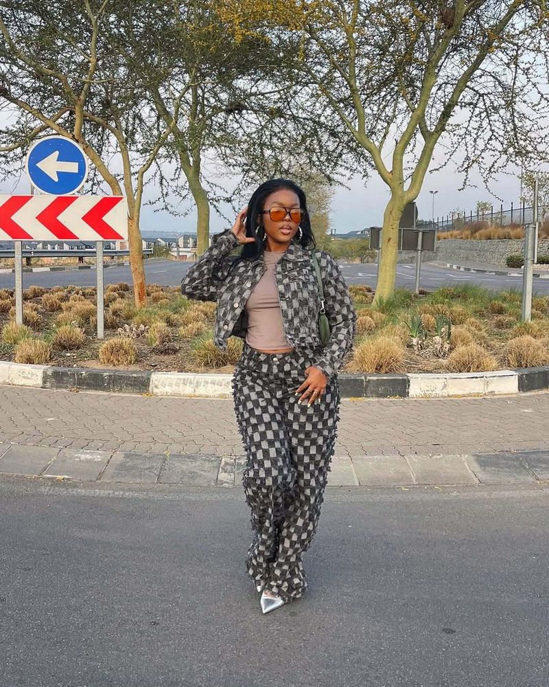 Women's Clothing Casual Jacquard Plaid Washed Denim Suit Women's Casual Jacquard Checkered Washed Denim Outfit Set Winter Wear Grey S-XXL_voghion.com