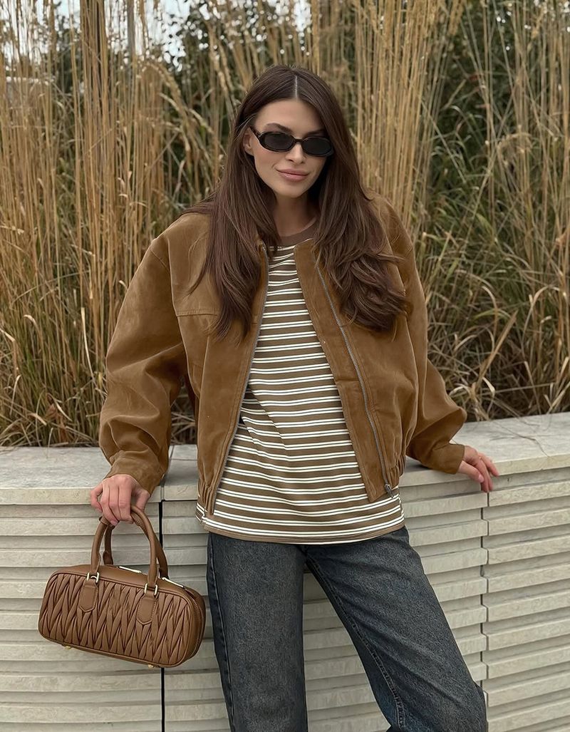 Veste en daim style français pour femme, couleur kaki, col rabattu, vêtements pour femmes, nouvelle collection hiver 2025_voghion.com