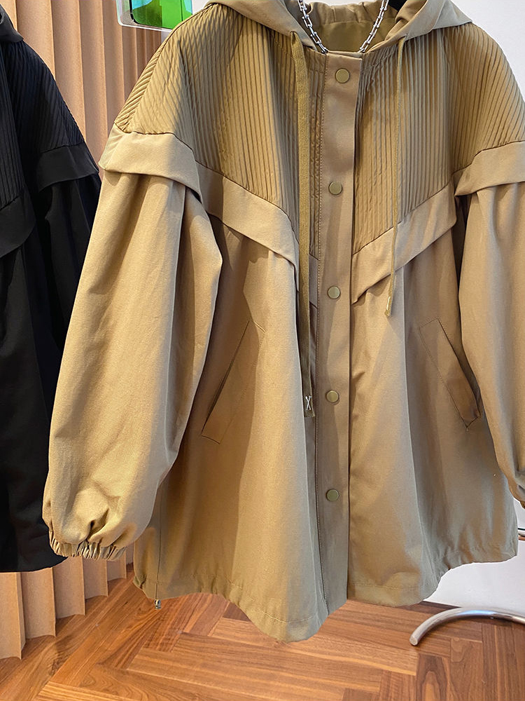 2023 herbst Frau Patchwork Übergroßen Mantel Mit Kapuze Mode Koreanische Streetwear Casual Khaki Schwarz frauen Windjacke Mantel_voghion.com