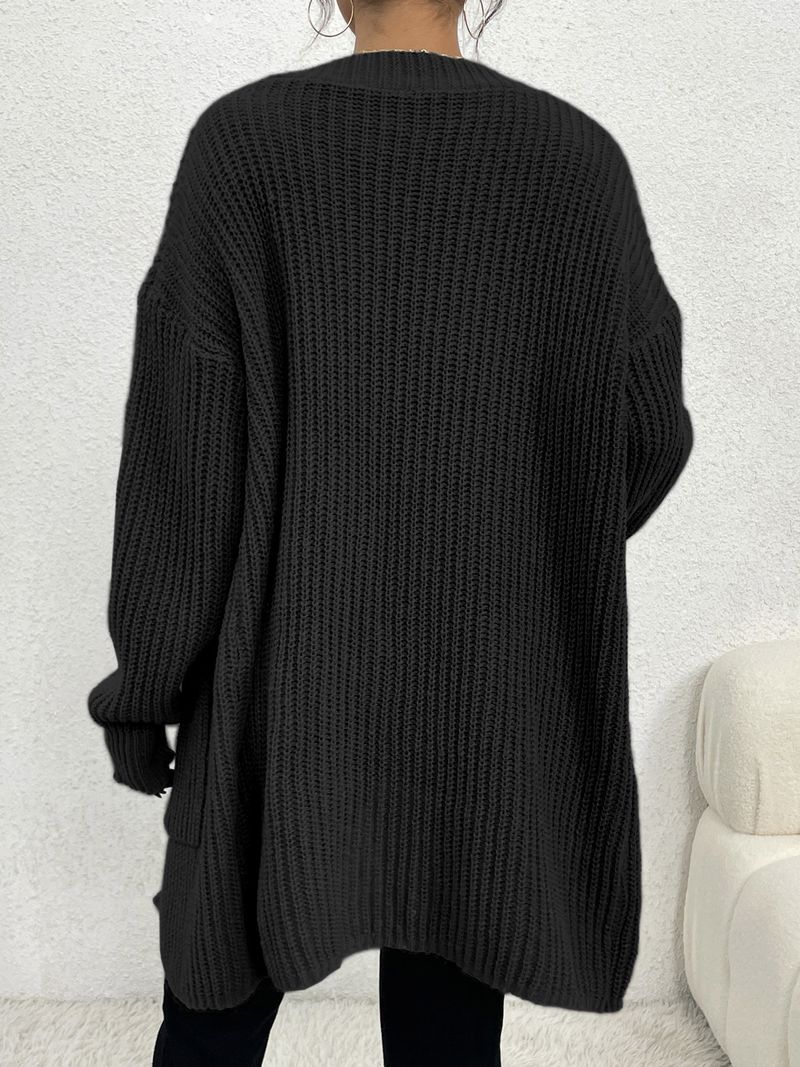 Cardigan oversize da donna con scollo a V, maniche lunghe, tasche, in morbida maglia aperta sul davanti per un comfort casual (nero, grigio chiaro, grigio scuro)_voghion.com