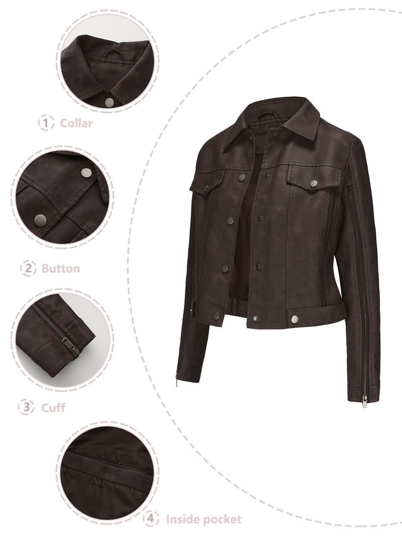 Women's Faux Leather Biker Jacket With Multiple Zipper Details, Long Sleeve Open Front Stylish Coat For Spring & Autumn_voghion.com